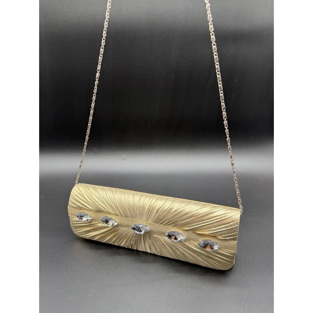 Gold Evening Clutch Purse Rhinestone Crystal Pleated Chain Strap Formal